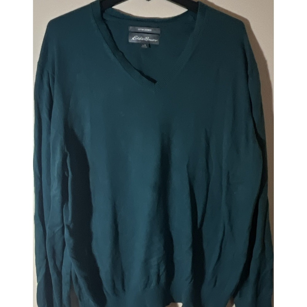 Eddie Bauer Men's XL‎ Cotton Cashmere Knit V-Neck Pullover Sweater Green Solid